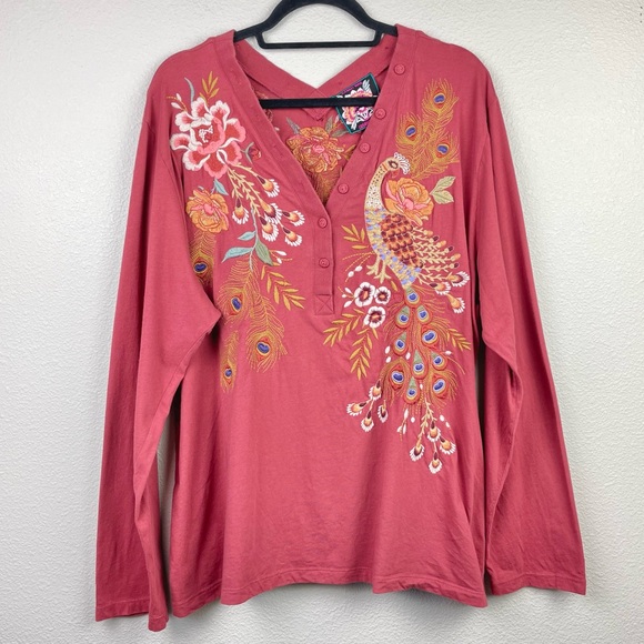 Johnny Was Women's XXL Ananke Button Neck Red Long Sleeve Tee V-Neck Top Peacock - Picture 1 of 16